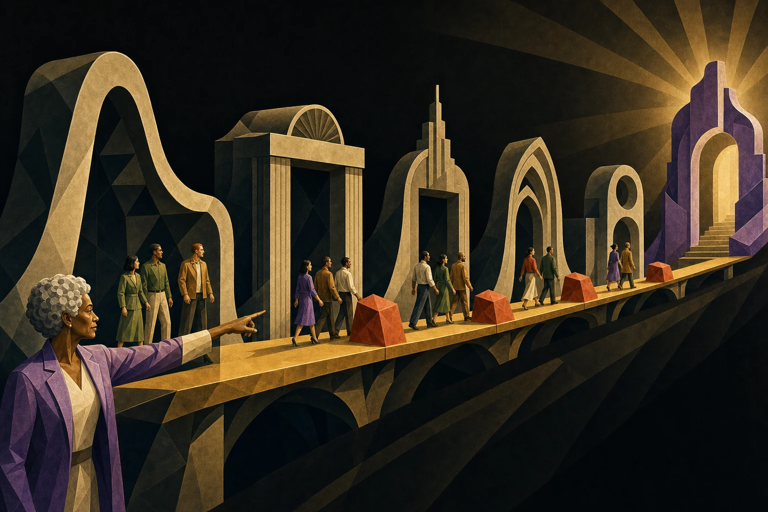 An experienced guide points along a gold bridge crossing five successive technology waves toward a sixth illuminated opening