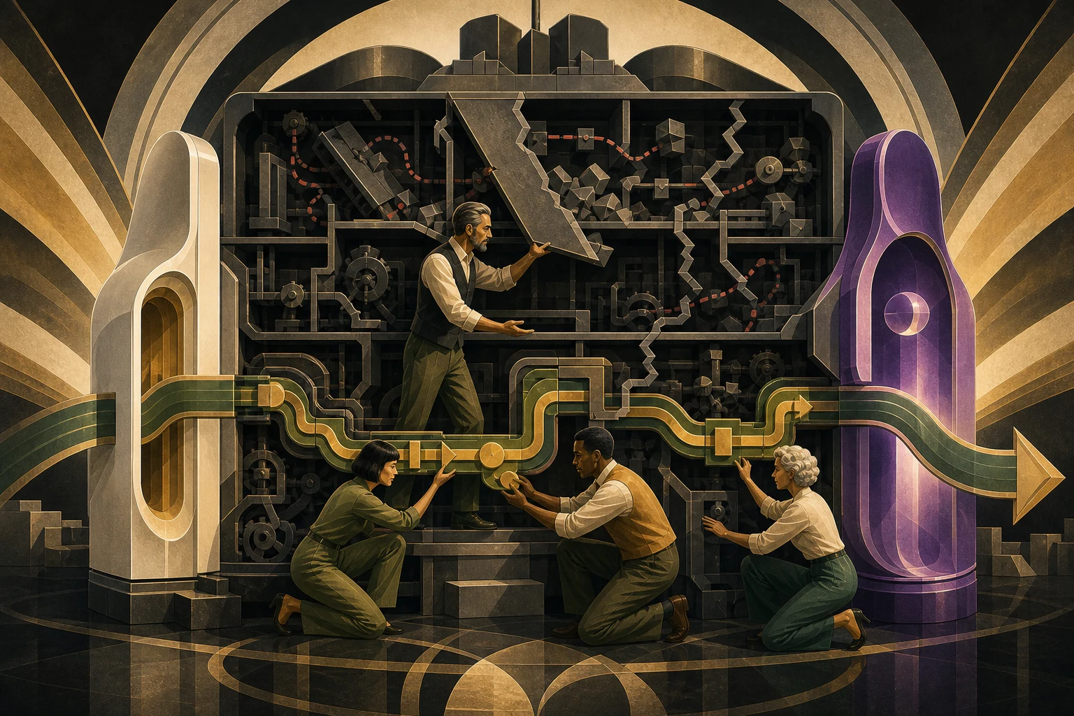 A team opens an obsolete operating machine and builds one end-to-end flow behind two generations of bolt-on technology