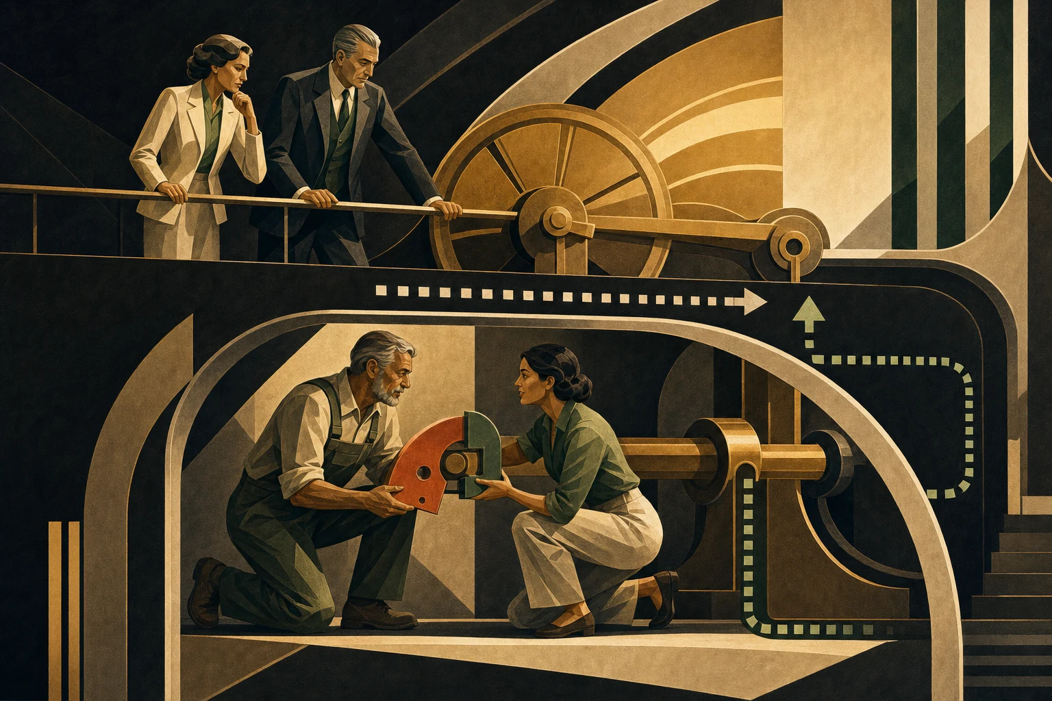 Below a stalled mechanism, a facilitator helps an experienced sceptic turn a hidden brake into a calibration instrument