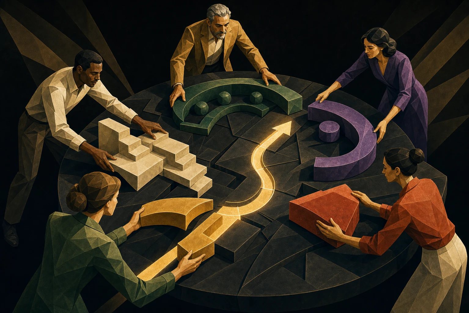 Five stakeholders actively assemble their partial organisational fragments into one illuminated shared map
