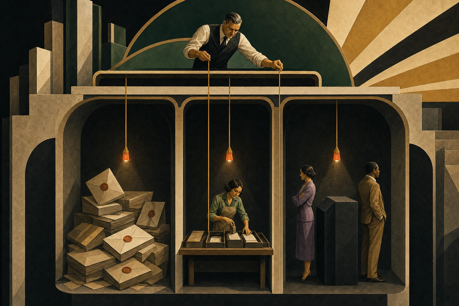 A facilitator lowers three illuminated probes into ignored decisions, unchanged daily work and an unspoken organisational silence