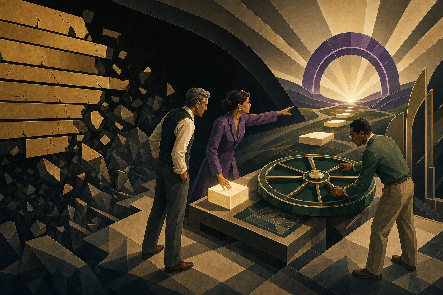 Leaders leave a crumbling linear plan and navigate using a stable direction, one illuminated step and a living calibration wheel