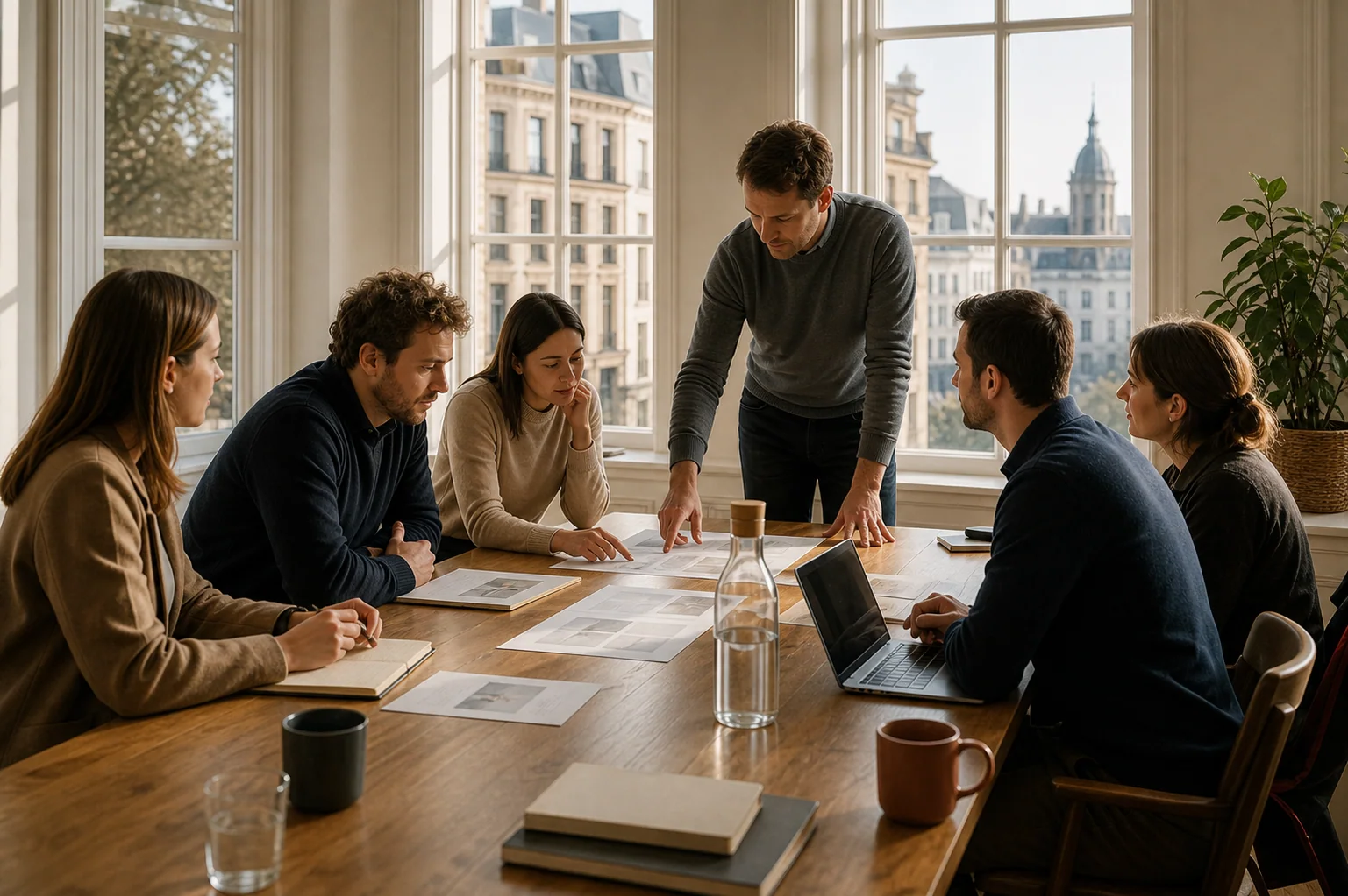 Illustrative editorial photograph of a professional team working together around a meeting table.
